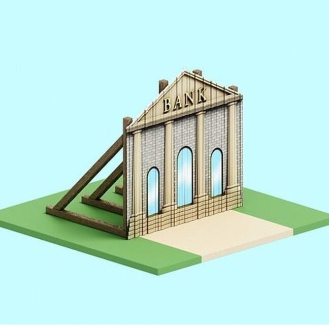 Illustration of a bank building propped up by wooden supports