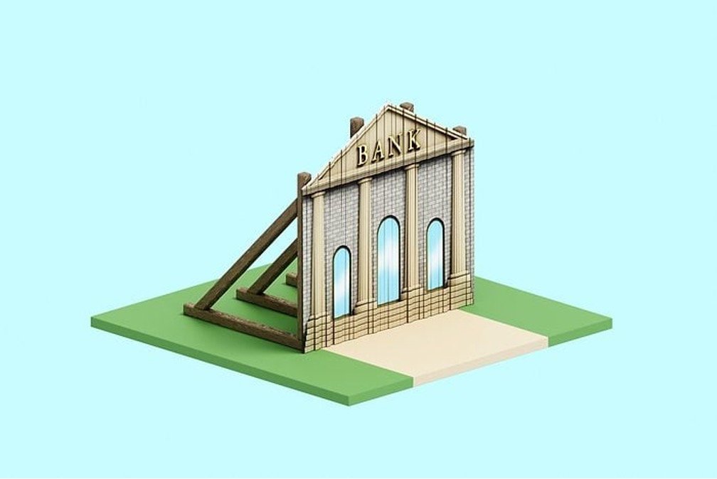 Illustration of a bank building propped up by wooden supports