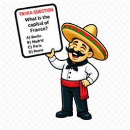 Cartoon chef in a sombrero holding a trivia question card