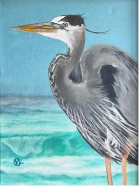 Painting of a great blue heron against turquoise water