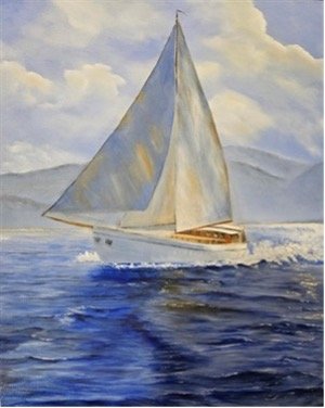 Painting of a sailboat under full sail on choppy blue water