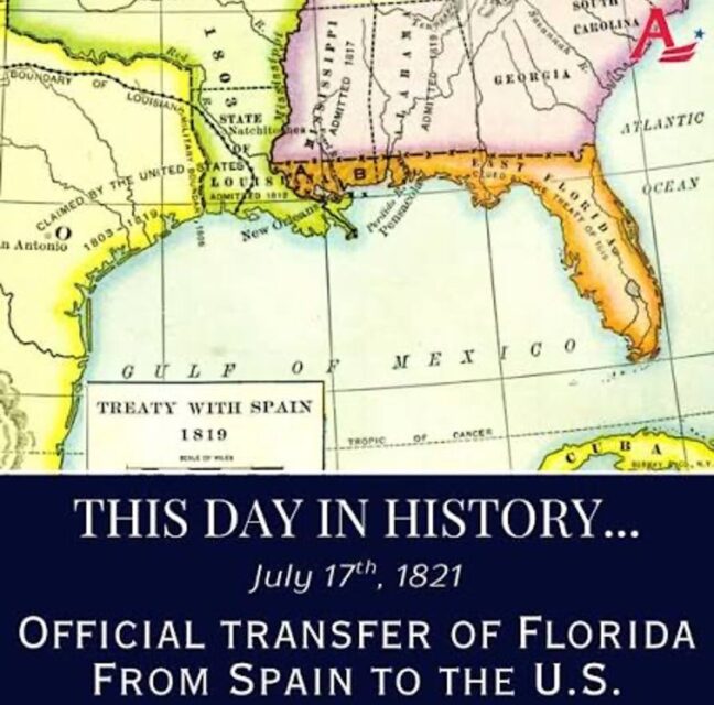 1819 map of Florida marking the treaty transferring it from Spain to the U.S.