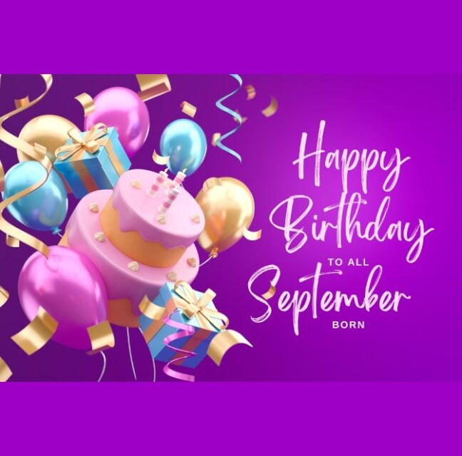 Happy Birthday to all September born graphic with cake and balloons