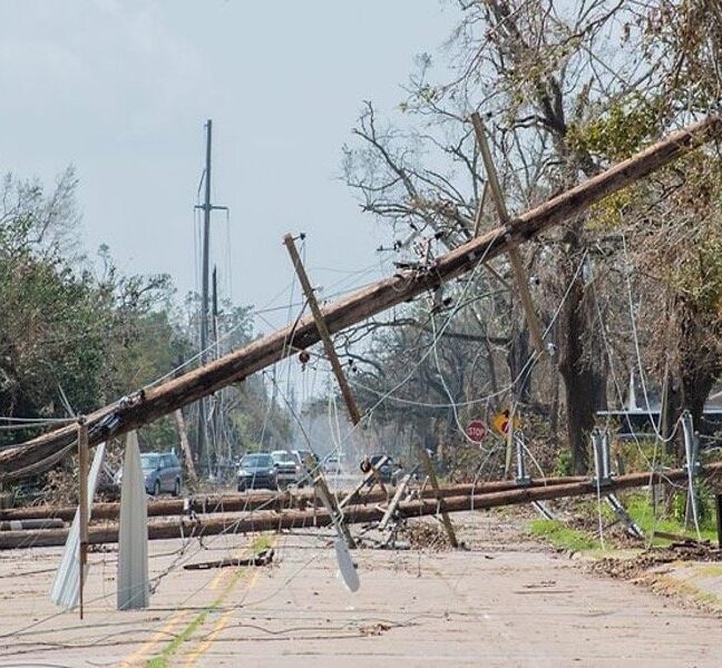 Snapped utility poles and downed power lines across a road after a hurricane