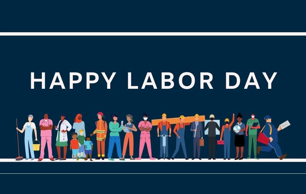 Happy Labor Day banner with illustrated workers from many trades