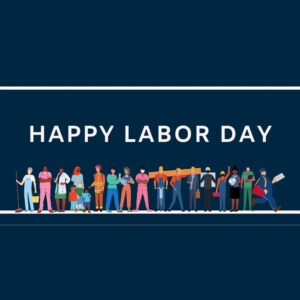 Happy Labor Day banner with illustrated workers from many trades