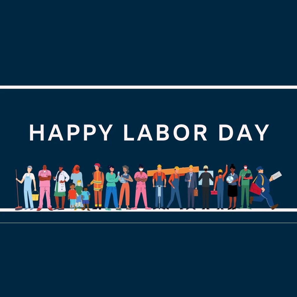 Happy Labor Day banner with illustrated workers from many trades