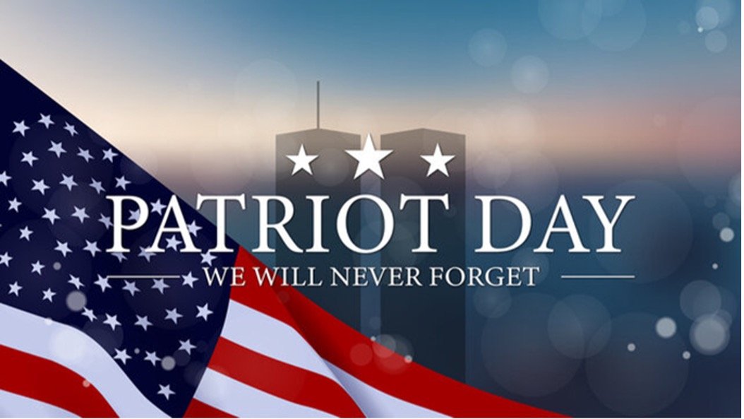 Patriot Day graphic with an American flag and the Twin Towers of light