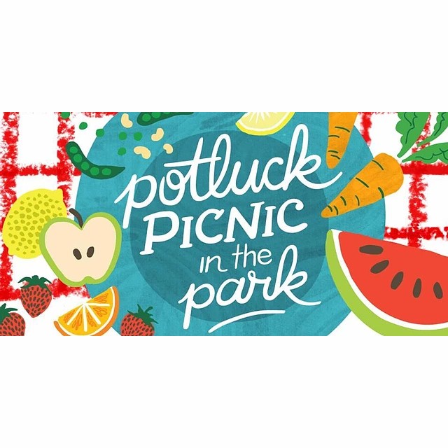 Potluck Picnic in the Park graphic surrounded by fruit and vegetables