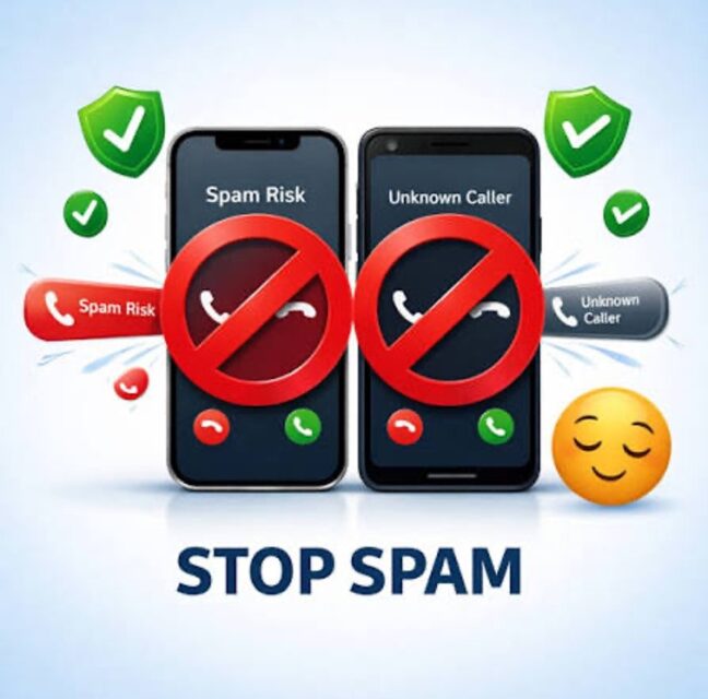Two smartphones showing blocked Spam Risk and Unknown Caller alerts