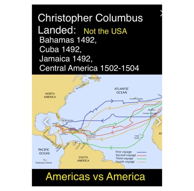 Map of Columbus' four voyages noting he landed in the Bahamas, Cuba and Jamaica