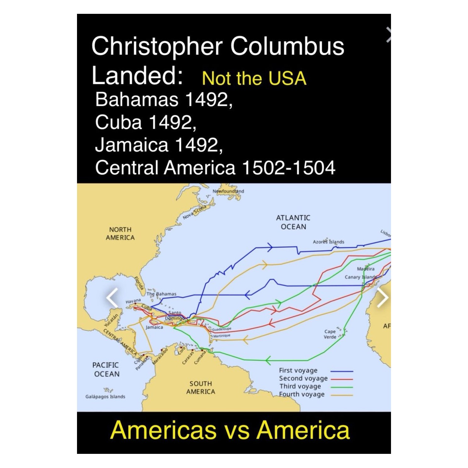 Map of Columbus' four voyages noting he landed in the Bahamas, Cuba and Jamaica