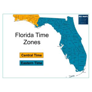 Map of Florida counties shaded for the Central and Eastern time zones
