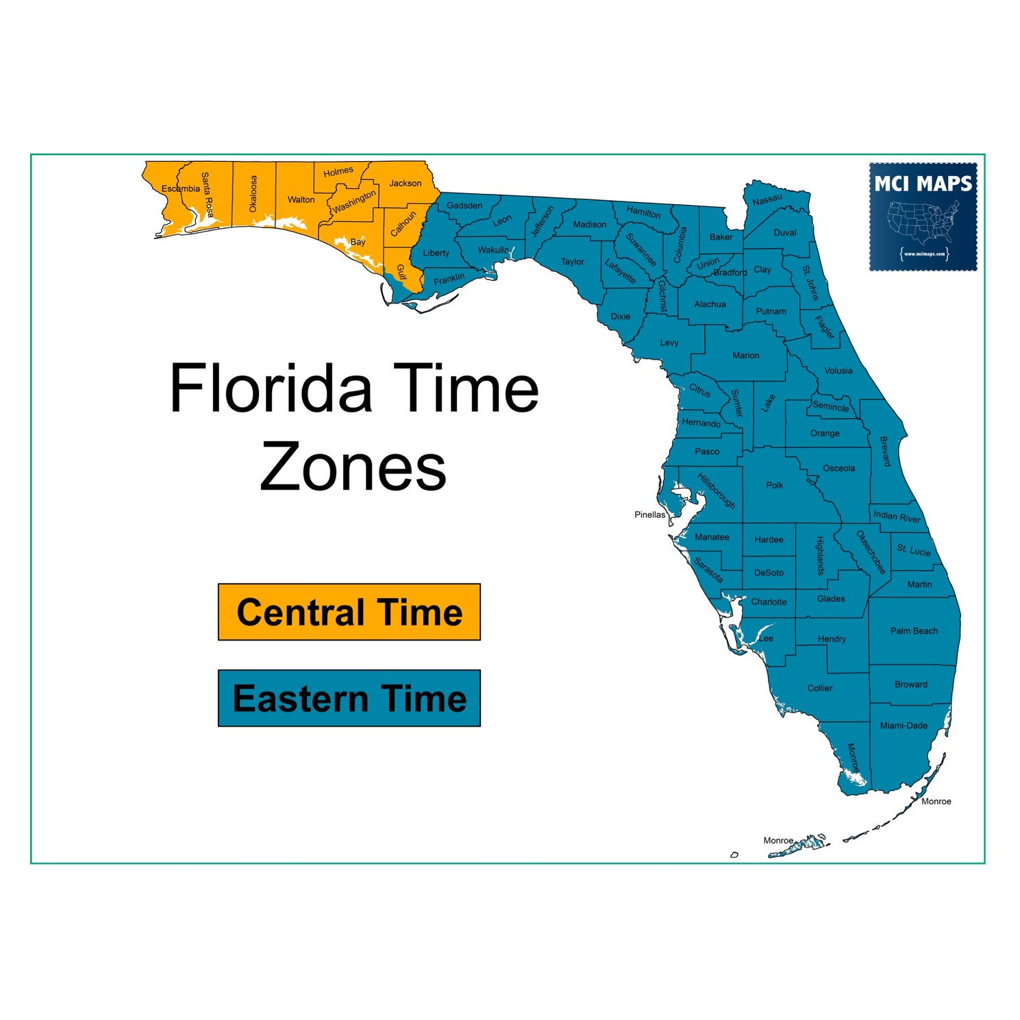 Map of Florida counties shaded for the Central and Eastern time zones