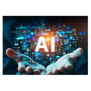 Hands holding a glowing AI symbol surrounded by digital icons