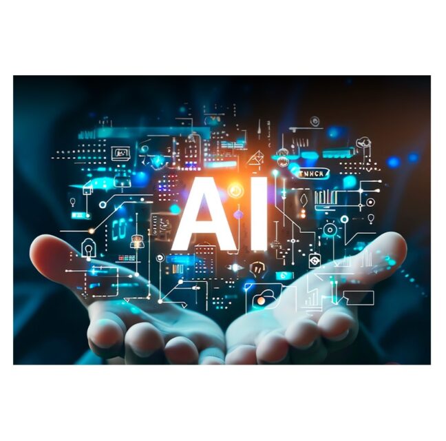 Hands holding a glowing AI symbol surrounded by digital icons