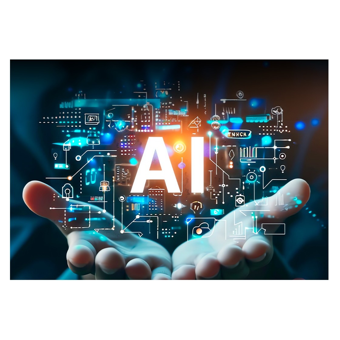 Hands holding a glowing AI symbol surrounded by digital icons