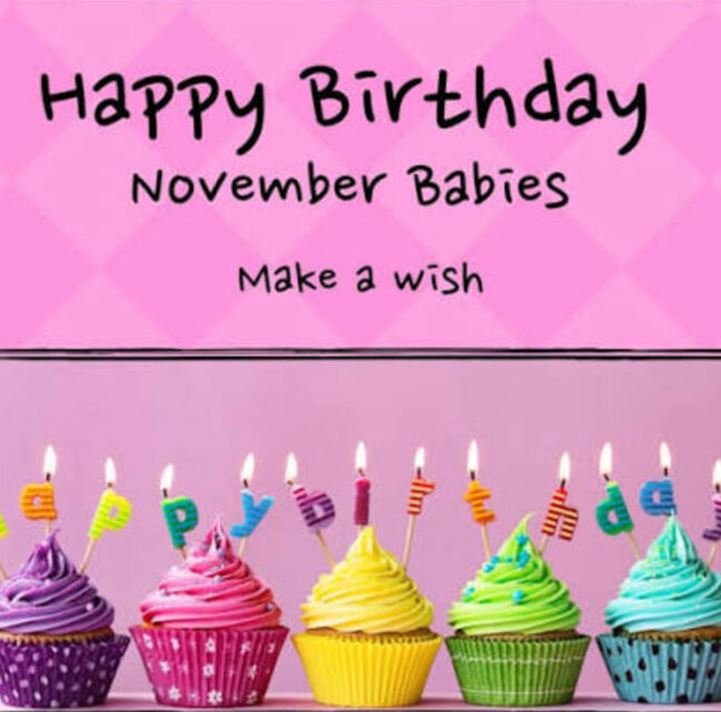 Happy Birthday November Babies greeting above a row of lit birthday cupcakes