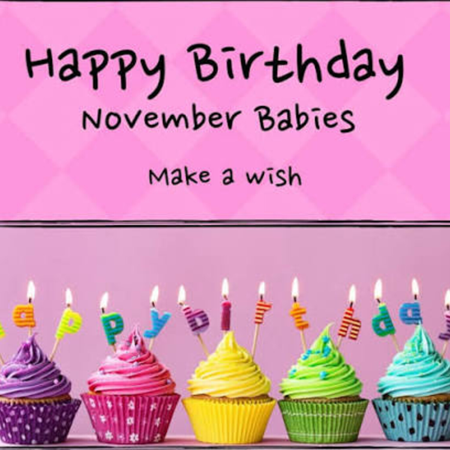 Happy Birthday November Babies greeting above a row of lit birthday cupcakes