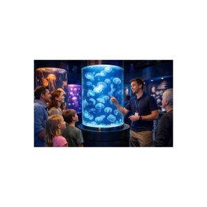 Visitors watching glowing blue jellyfish in a cylindrical museum tank