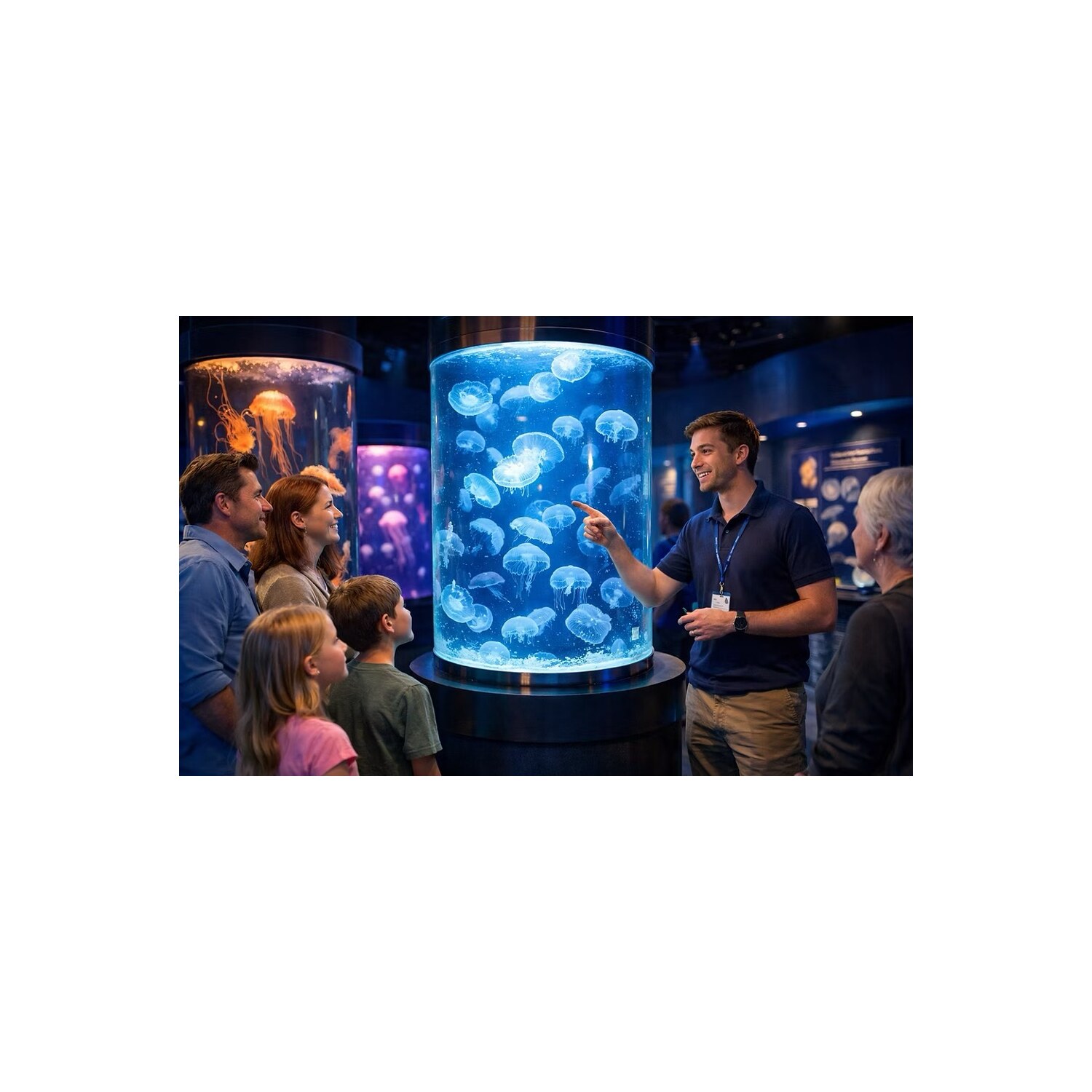 Visitors watching glowing blue jellyfish in a cylindrical museum tank