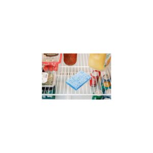 Blue sponge on a refrigerator shelf beside jars and produce