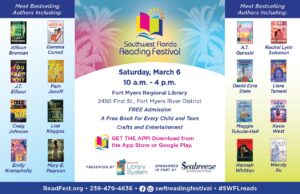 Southwest Florida Reading Festival flyer with author lineup and March 6 event details