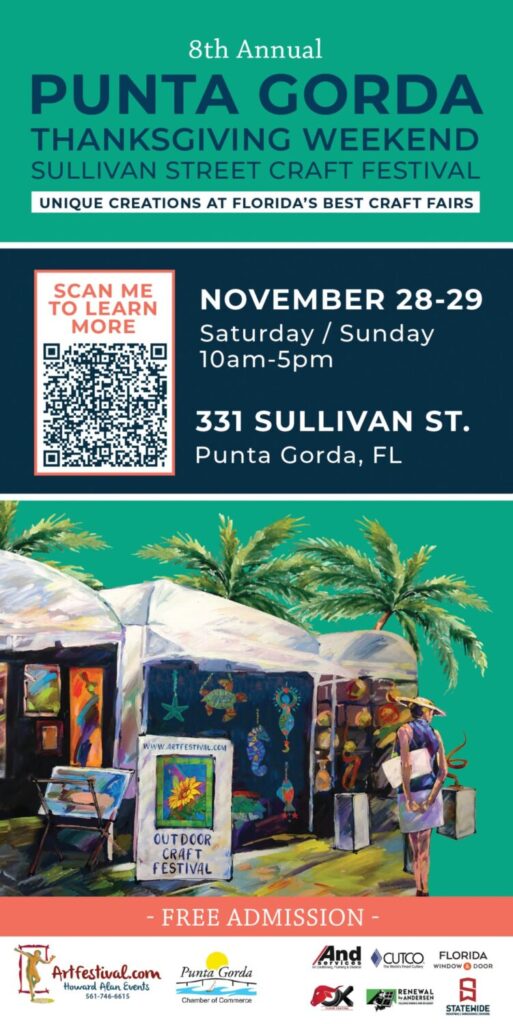 Painted scene of an outdoor craft festival tent and palm trees on the event poster